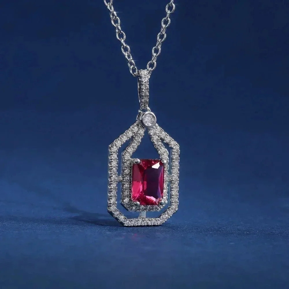 💥 Double Layer Hollow Ruby Radiant Cut Red Zircon Micro Pave Necklace, EVGG1067 - Picture 6 of 6